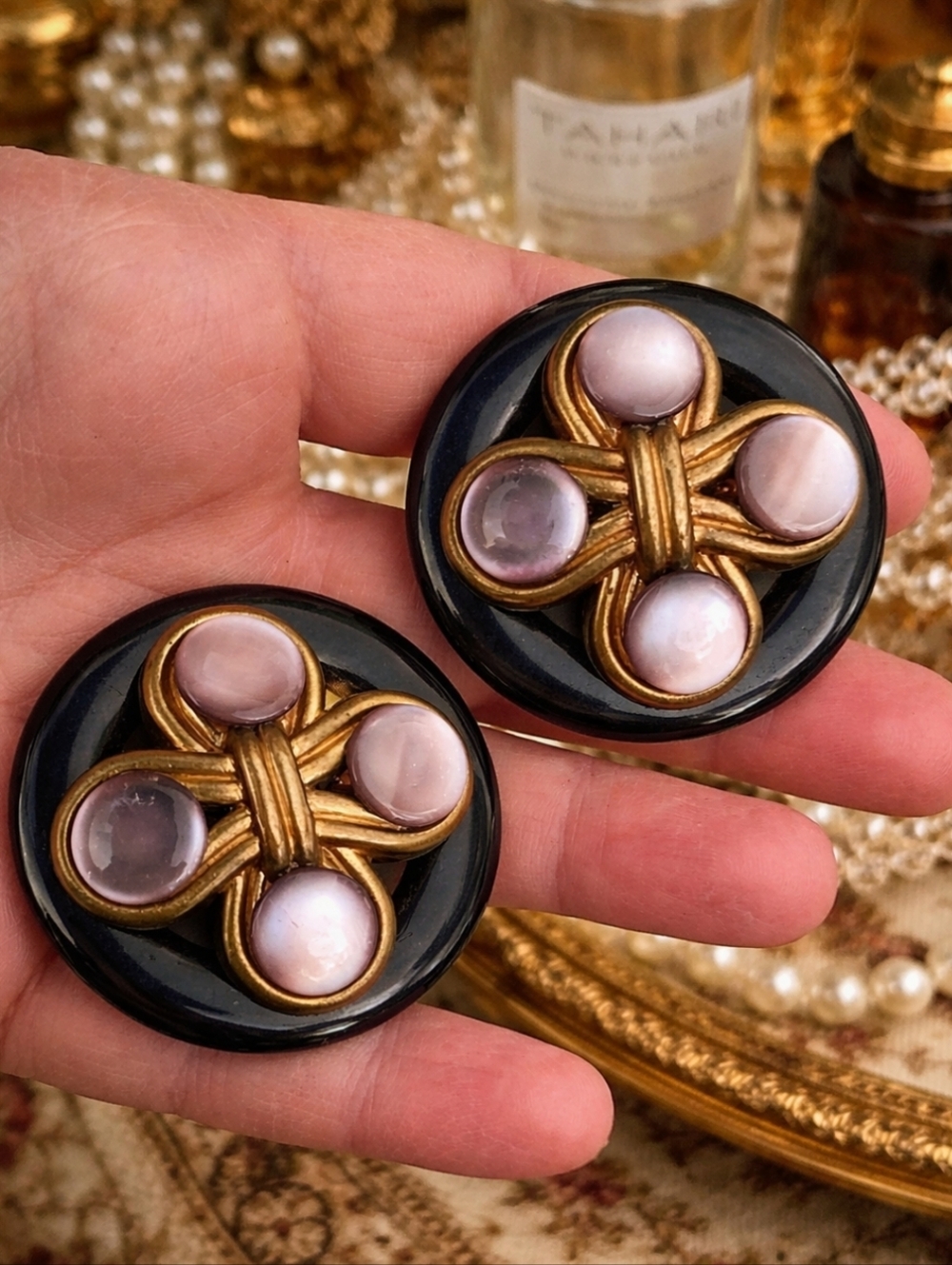 Vintage 80s Lucite Statement Clip On Earrings Black Gold Knot Design Bold